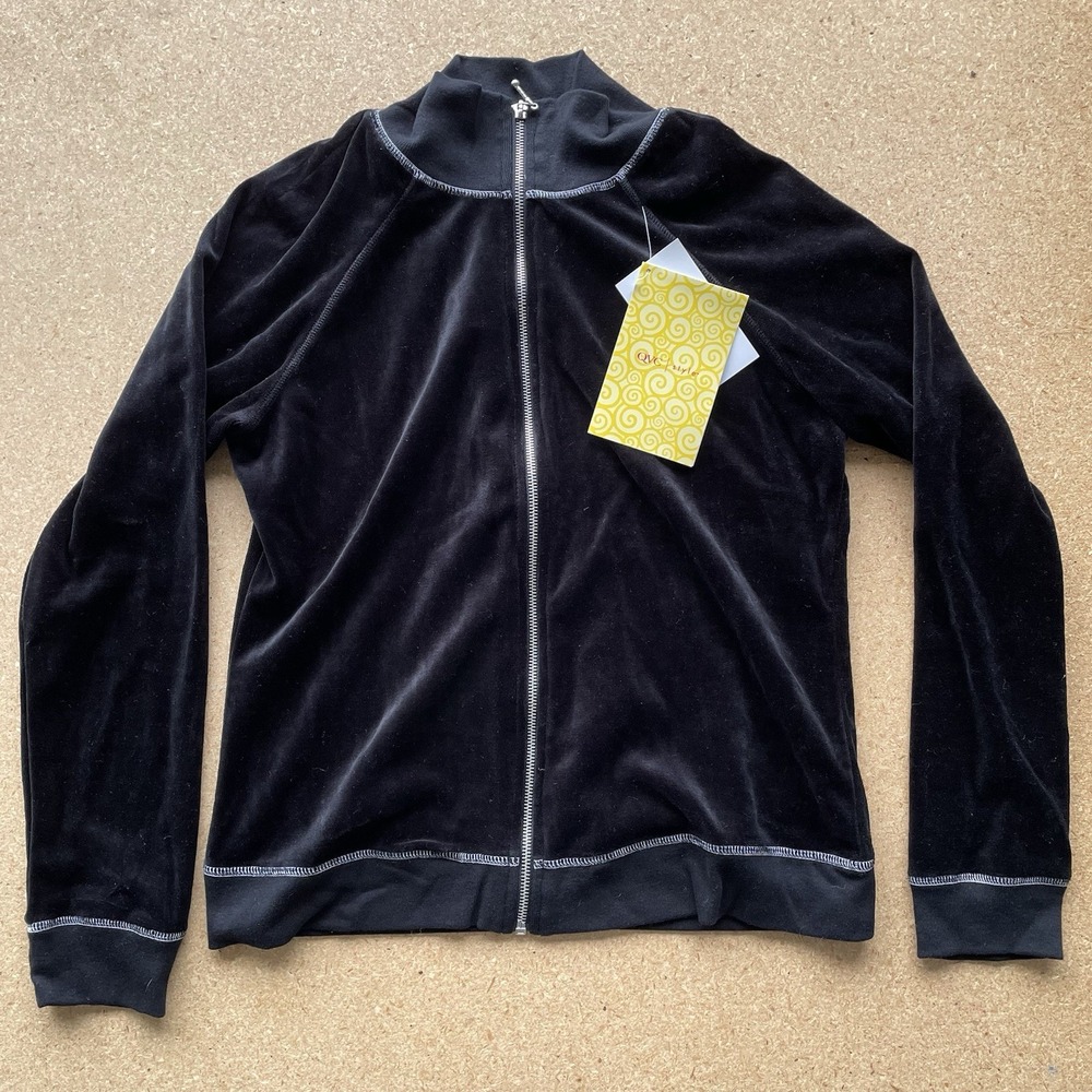 Velvet Velour Black Track Suit Top Jacket | Women's Size Small Y2K Style QVC